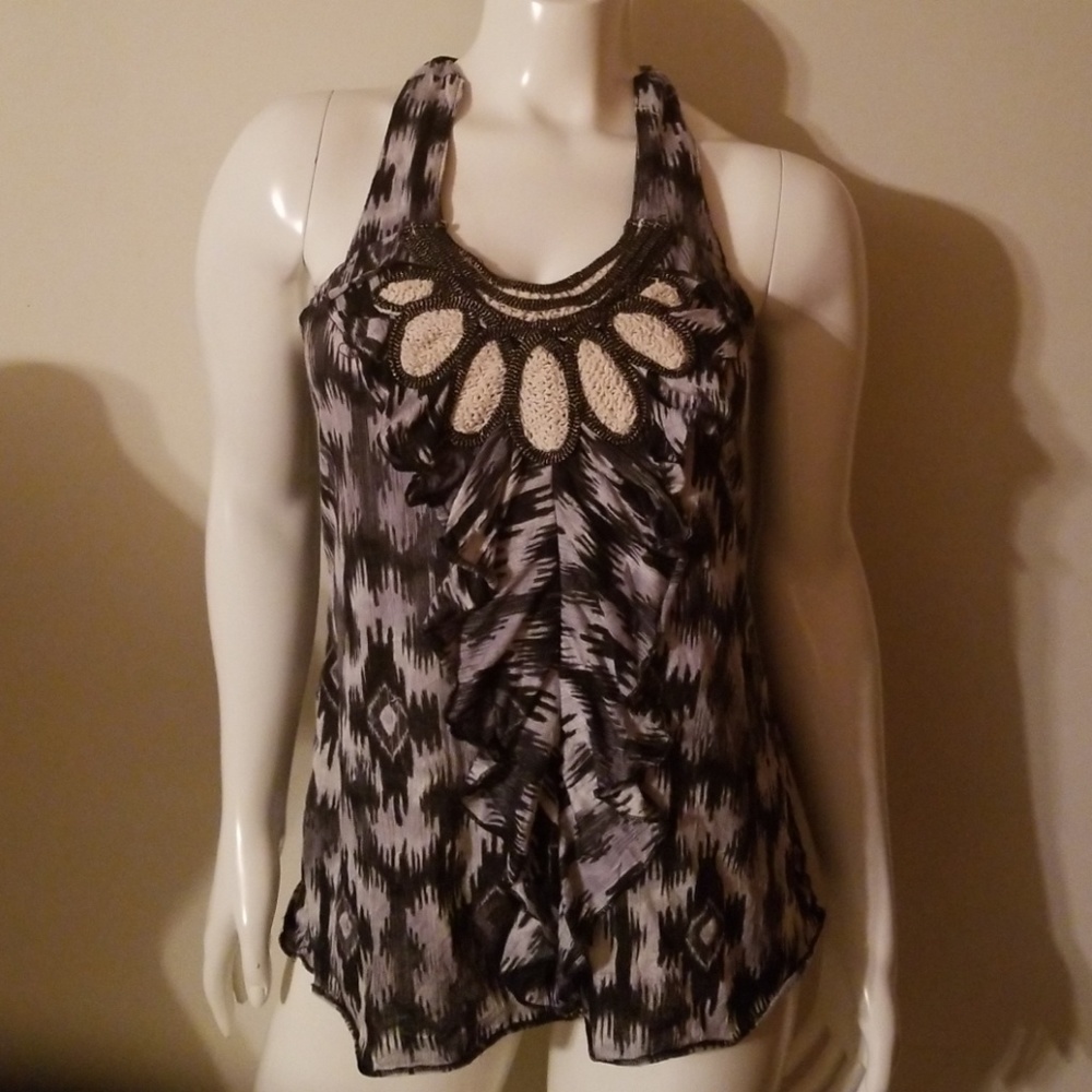 Ruffle Front Black & Gray Top Size XL